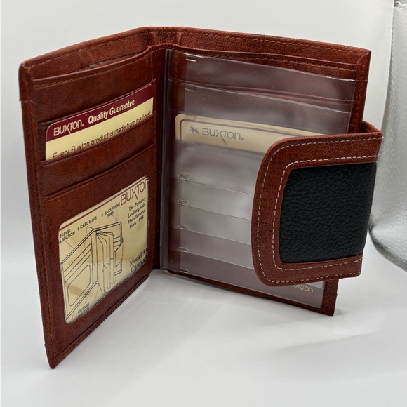 Buxton Kiss Lock Bifold  Black with Brown Trim Cowhide Leather Wallet Brand New - Picture 4 of 5